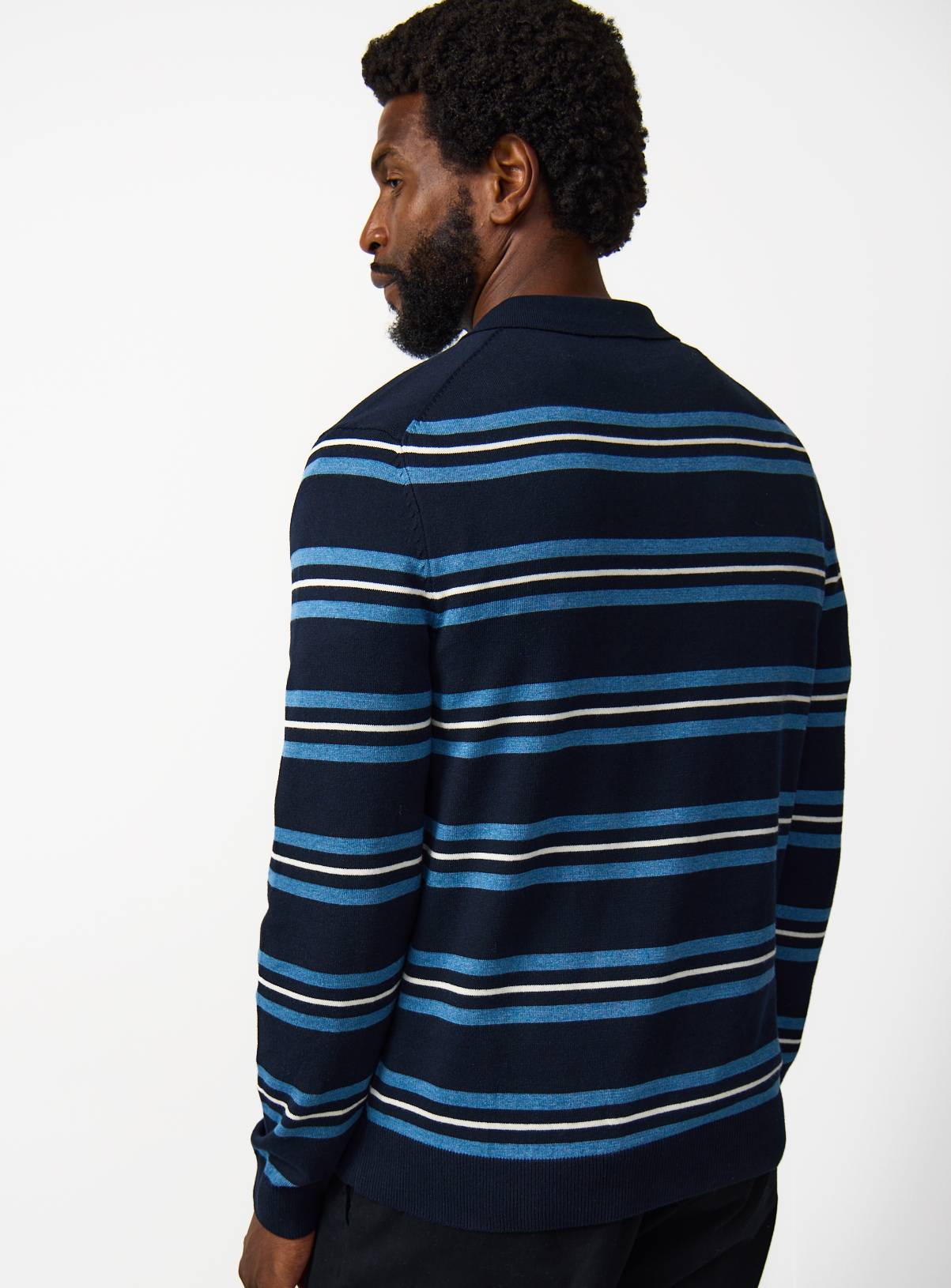 Navy Stripe Print Long Sleeve Polo Shirt M - Image 5