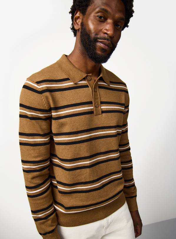 Tan Stripe Print Long Sleeve Polo Shirt XL