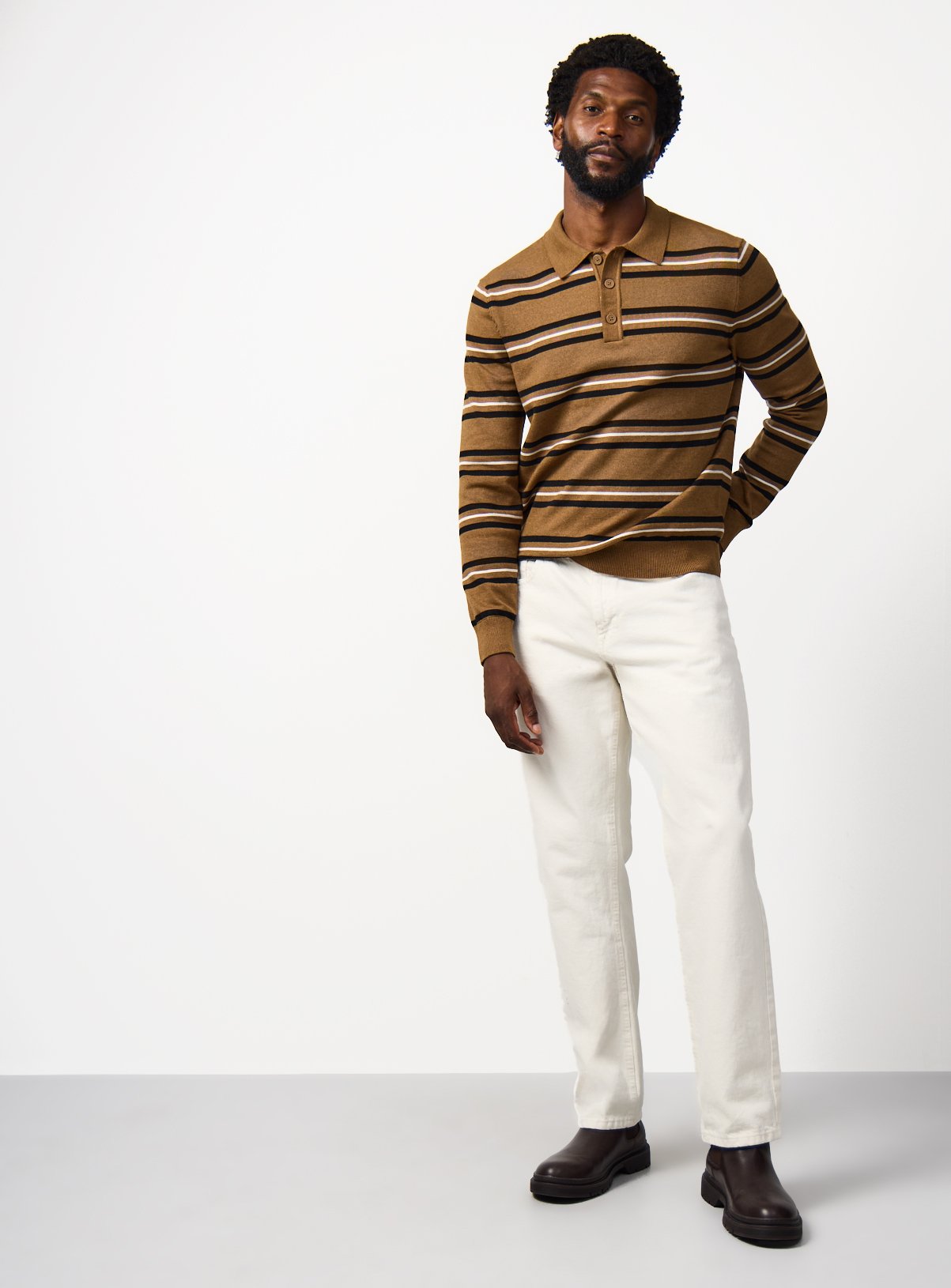 Tan Stripe Print Long Sleeve Polo Shirt XL - Image 2 thumbnail