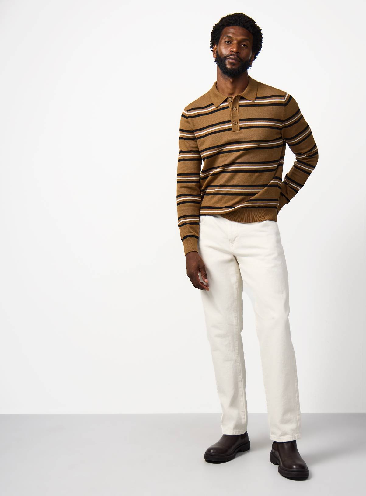 Tan Stripe Print Long Sleeve Polo Shirt XL - Image 2