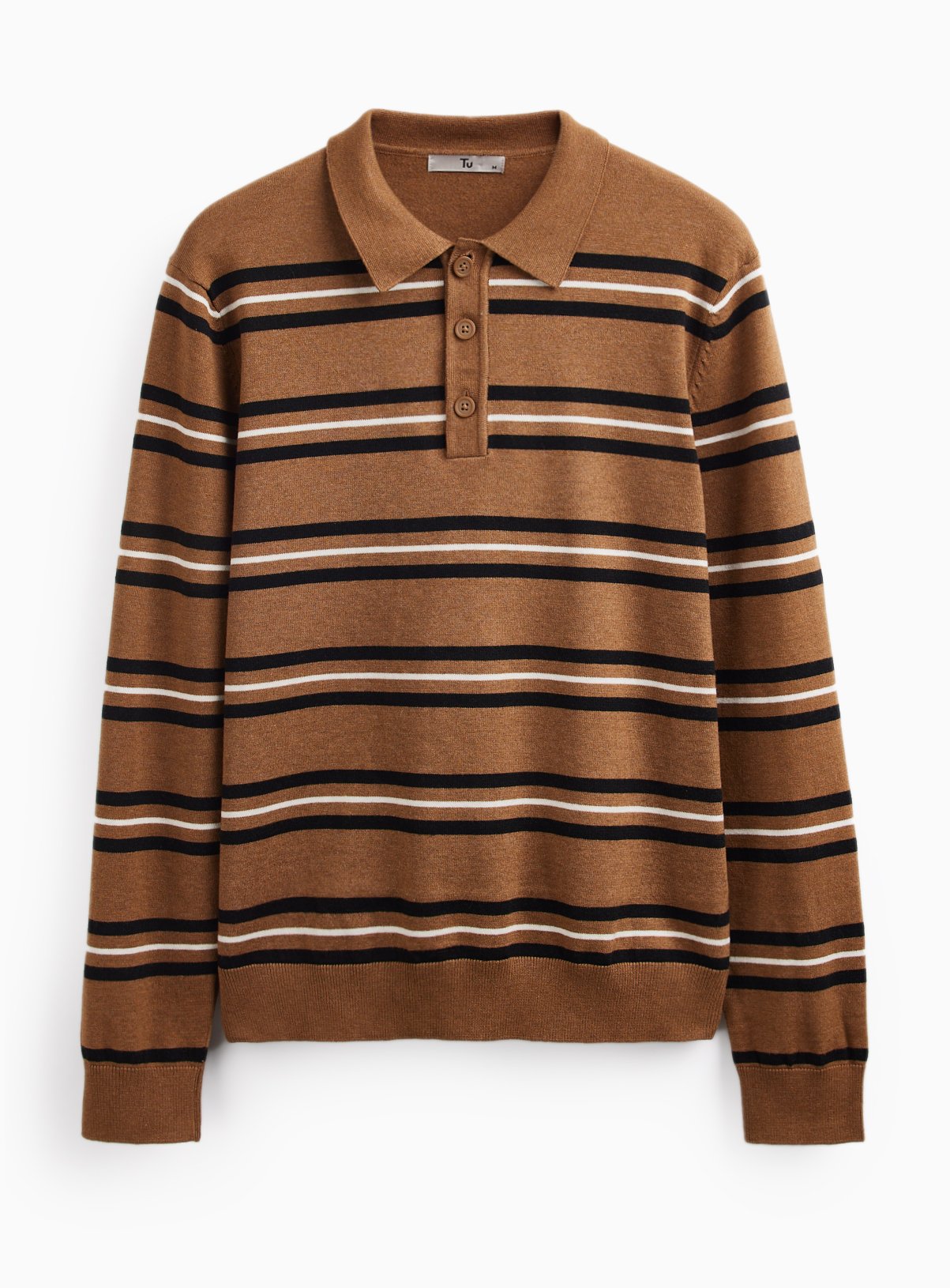 Tan Stripe Print Long Sleeve Polo Shirt XL - Image 3 thumbnail