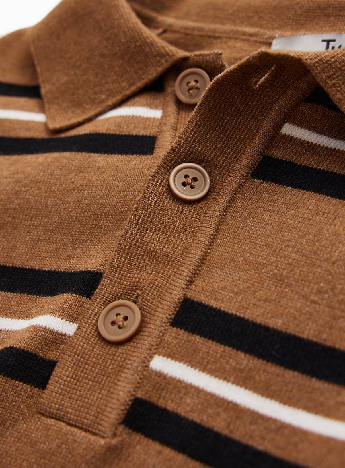 Tan Stripe Print Long Sleeve Polo Shirt XL - Image 4