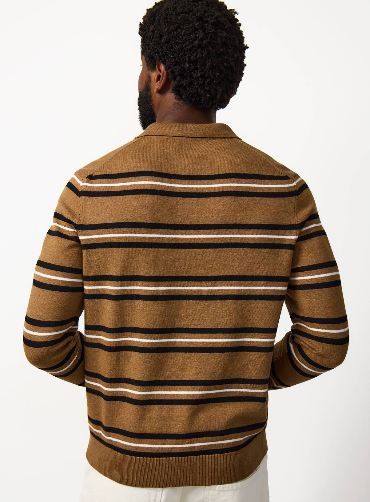 Tan Stripe Print Long Sleeve Polo Shirt XL - Image 5