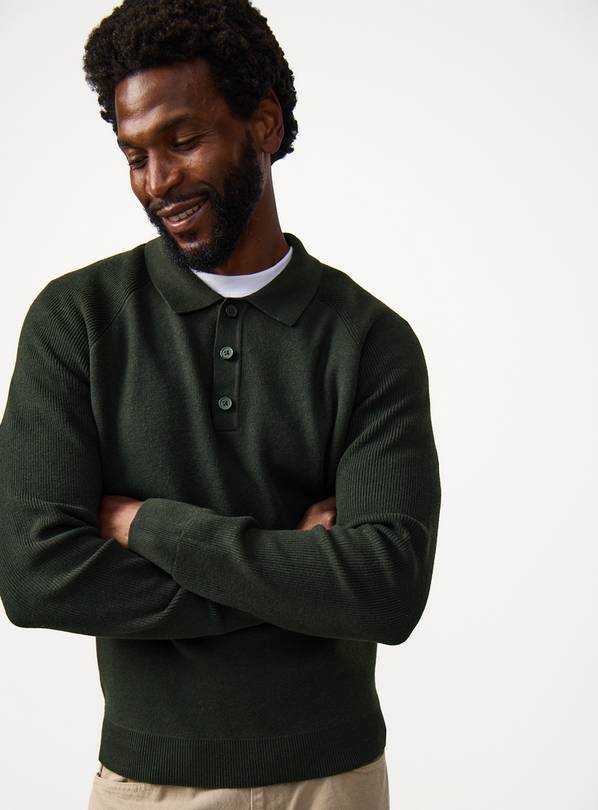 Khaki Long Sleeve Ribbed Polo Shirt XL
