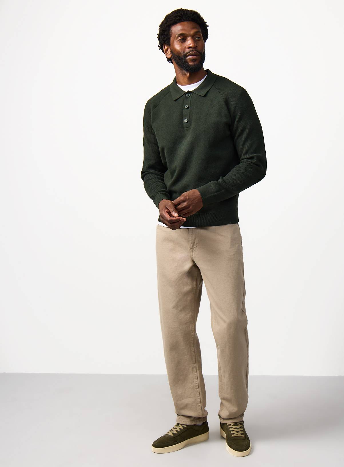 Khaki Long Sleeve Ribbed Polo Shirt XXXXL - Image 2