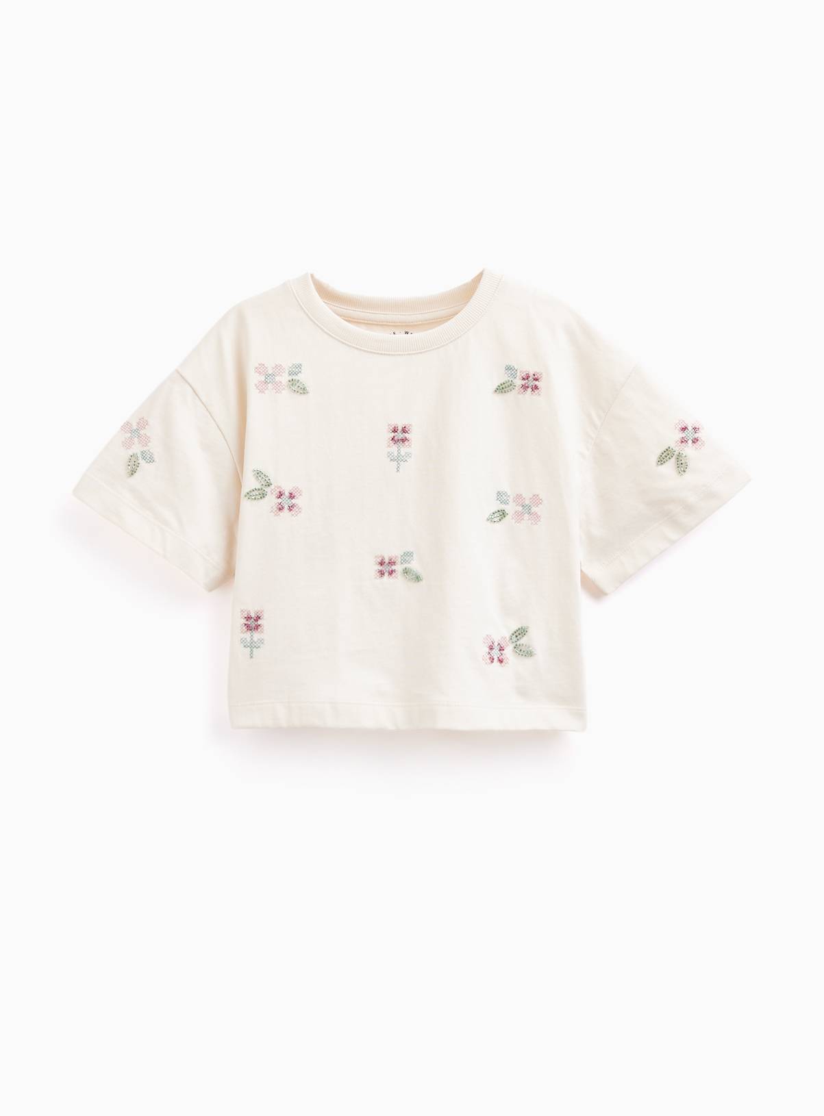 Cream Cross-stitch Print Boxy T-shirt 13 years - Image 1