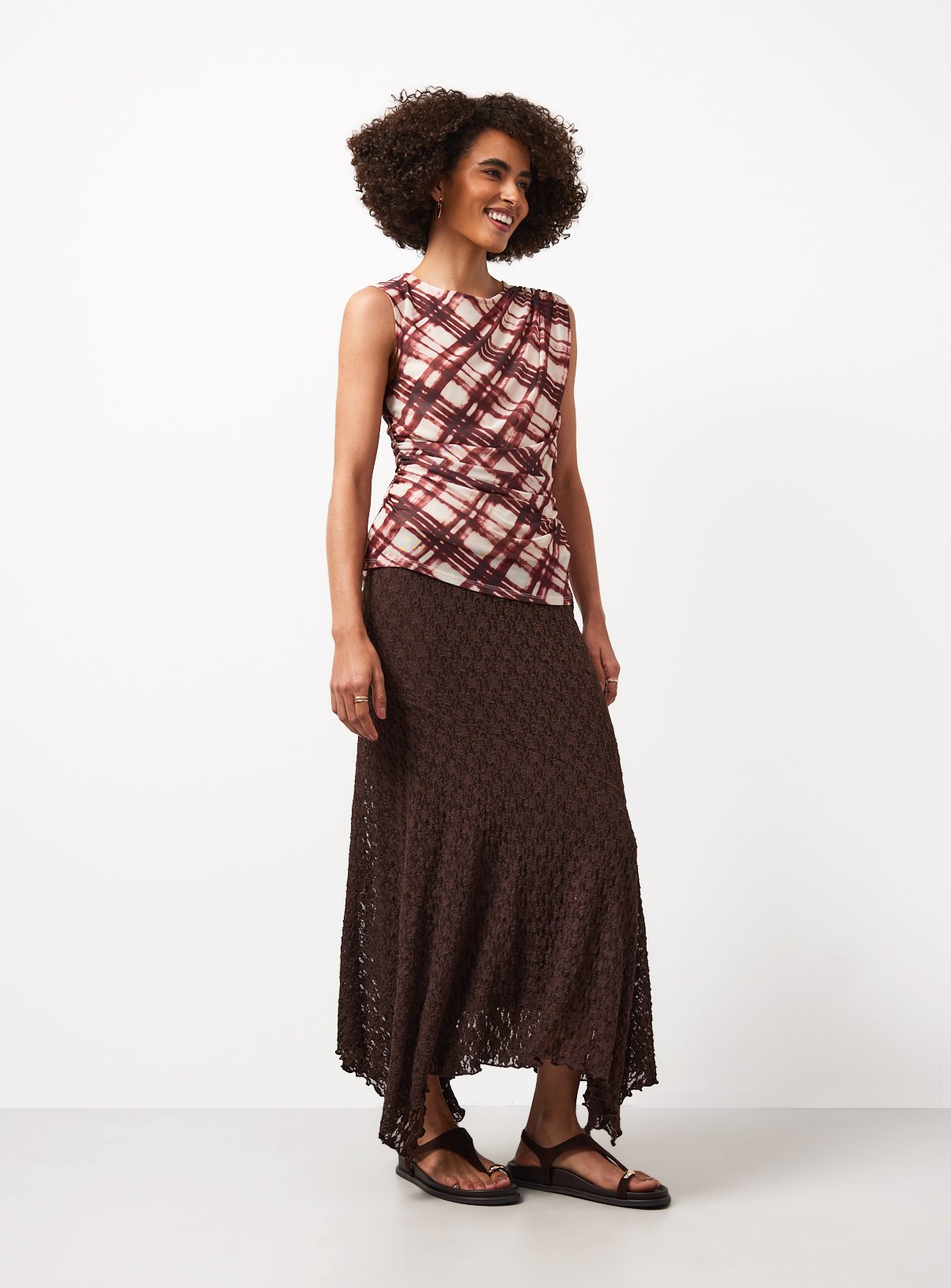 Cream Check Print Sleeveless Mesh Top 8 - Image 3 thumbnail