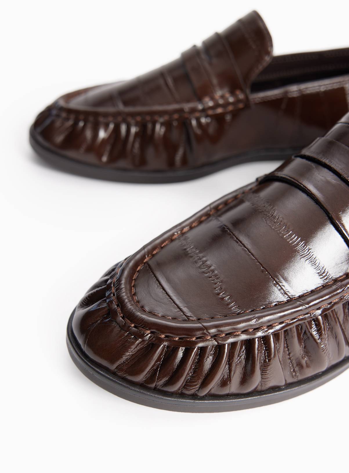 Brown Faux Leather Eel Detail Penny Loafers 4 - Image 3