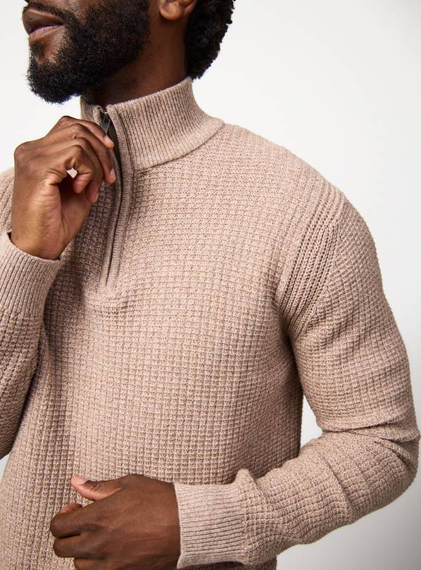 Tan Waffle Half Zip Funnel Neck Jumper M