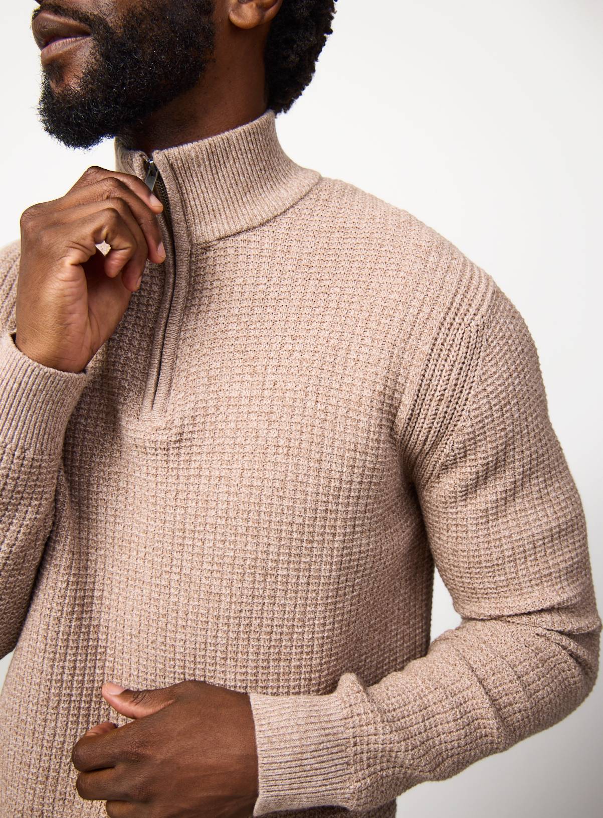 Tan Waffle Half Zip Funnel Neck Jumper XXXL - Image 1