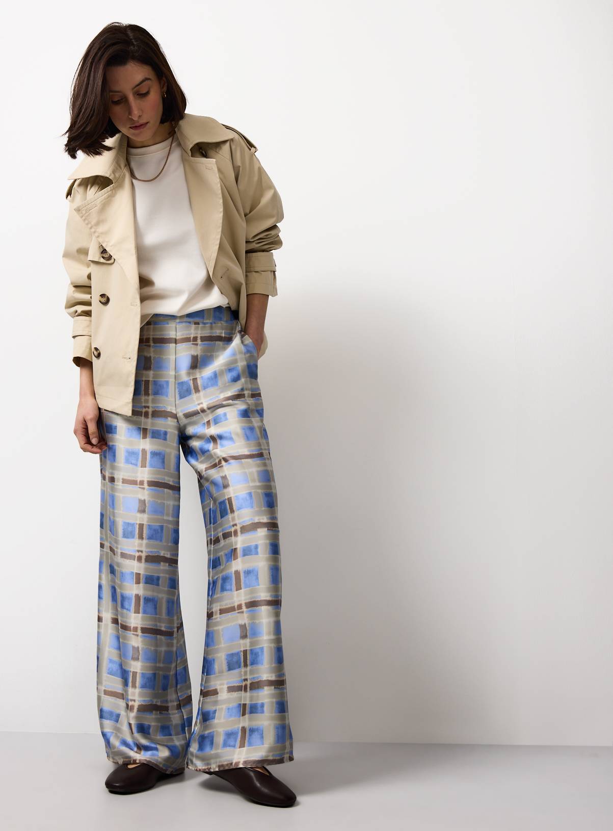 Blue Checked Balloon Ultra Wide Leg Satin Trousers 18 - Image 1