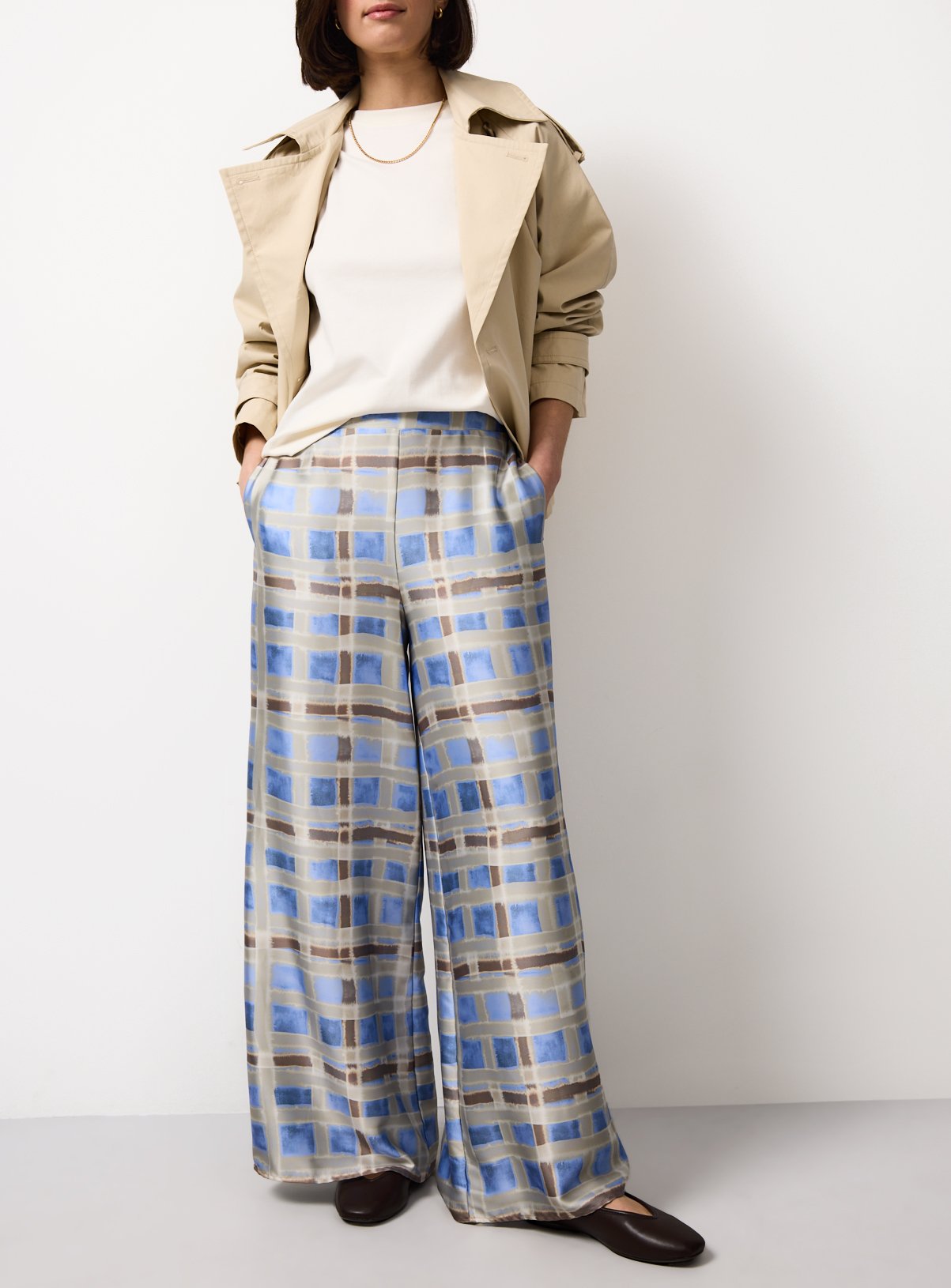 Blue Checked Balloon Ultra Wide Leg Satin Trousers 18 - Image 3 thumbnail