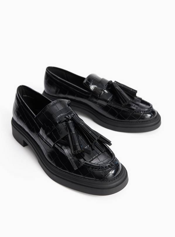 Black Faux Leather Croc Detail Chunky Loafers 8