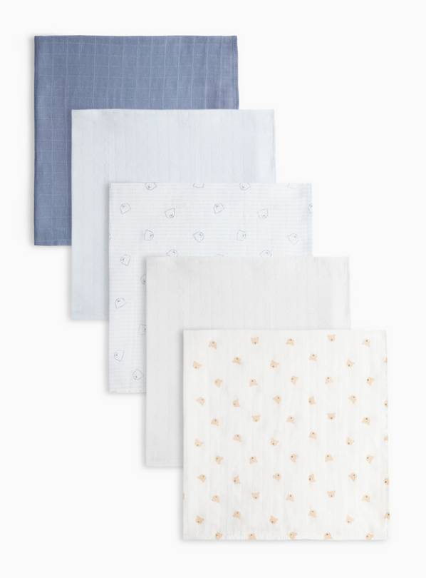 Blue Bear Print Muslin Squares 5 Pack One Size