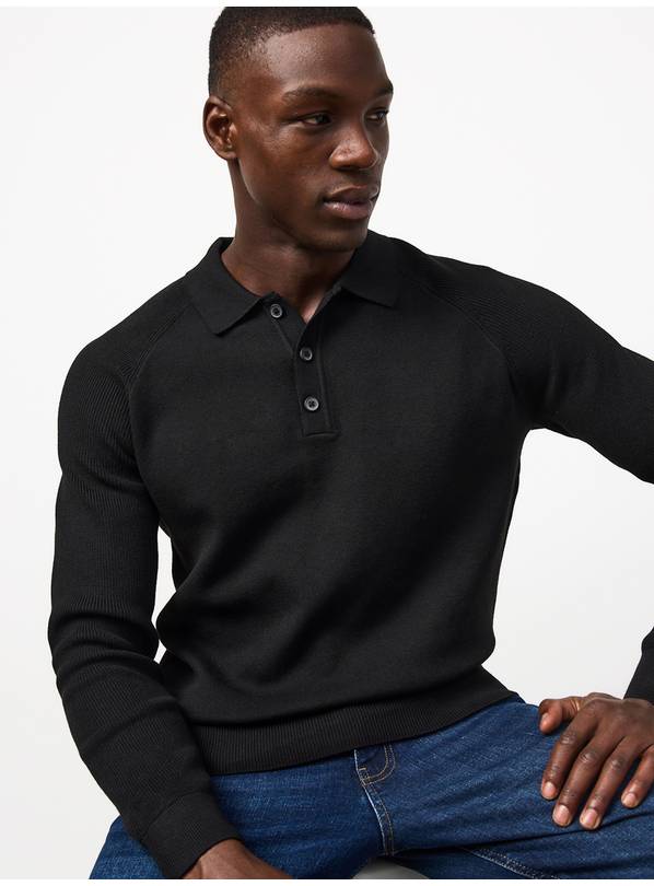 Black Ribbed Long Sleeve Knitted Polo XXL