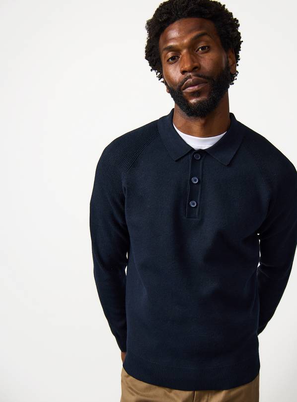 Navy Ribbed Long Sleeve Knitted Polo M