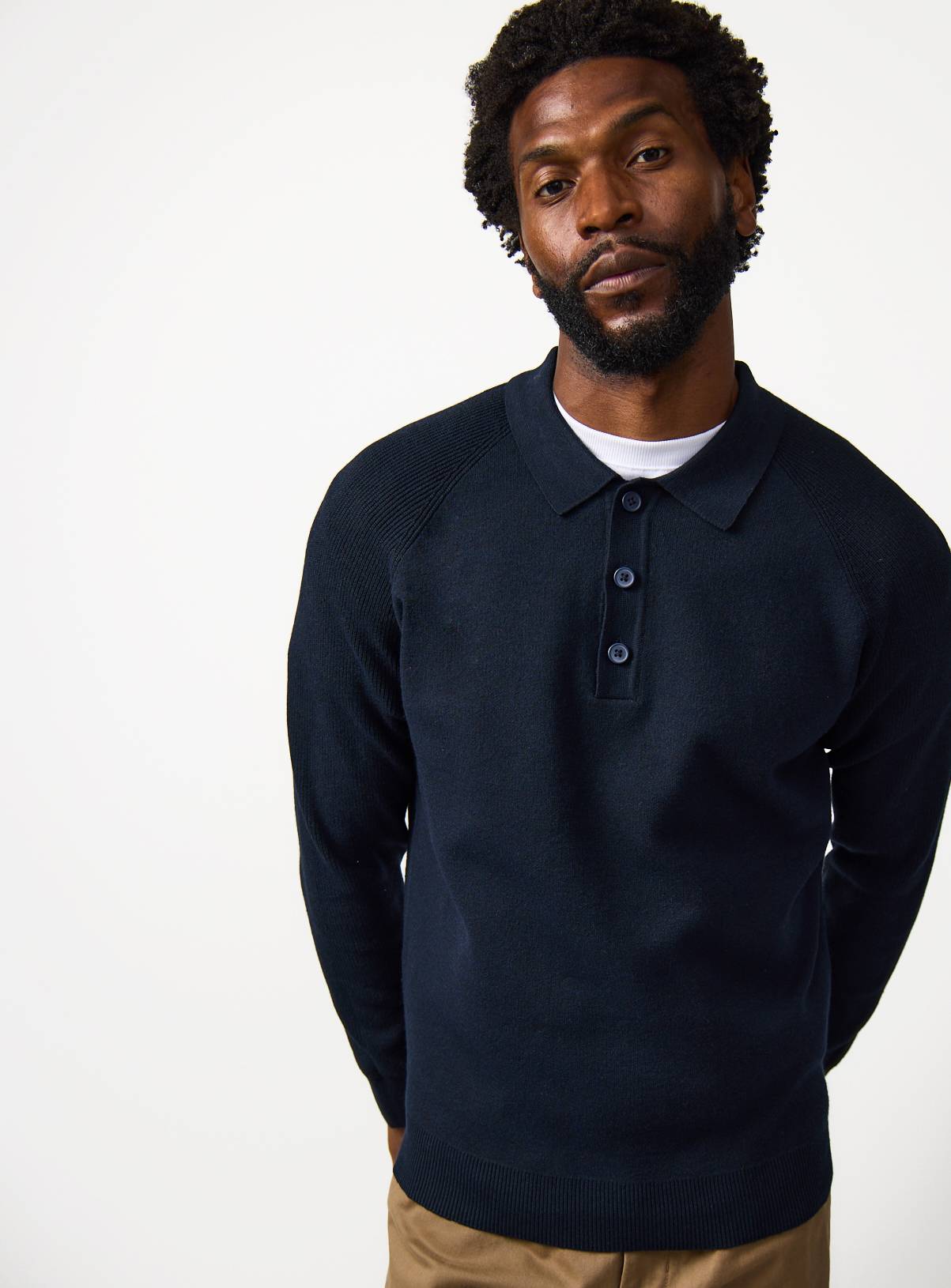 Navy Ribbed Long Sleeve Knitted Polo S - Image 1