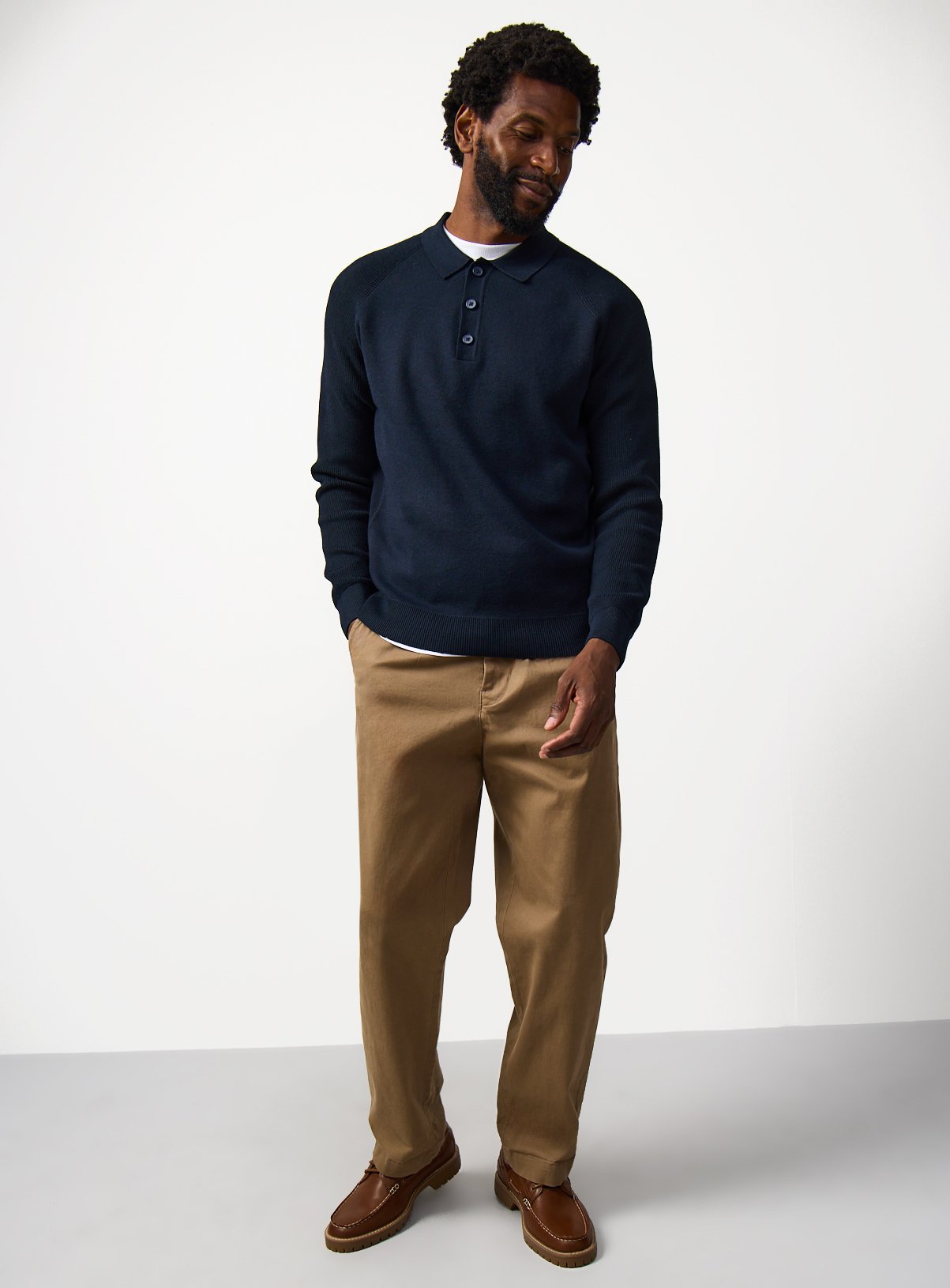 Navy Ribbed Long Sleeve Knitted Polo S - Image 2 thumbnail