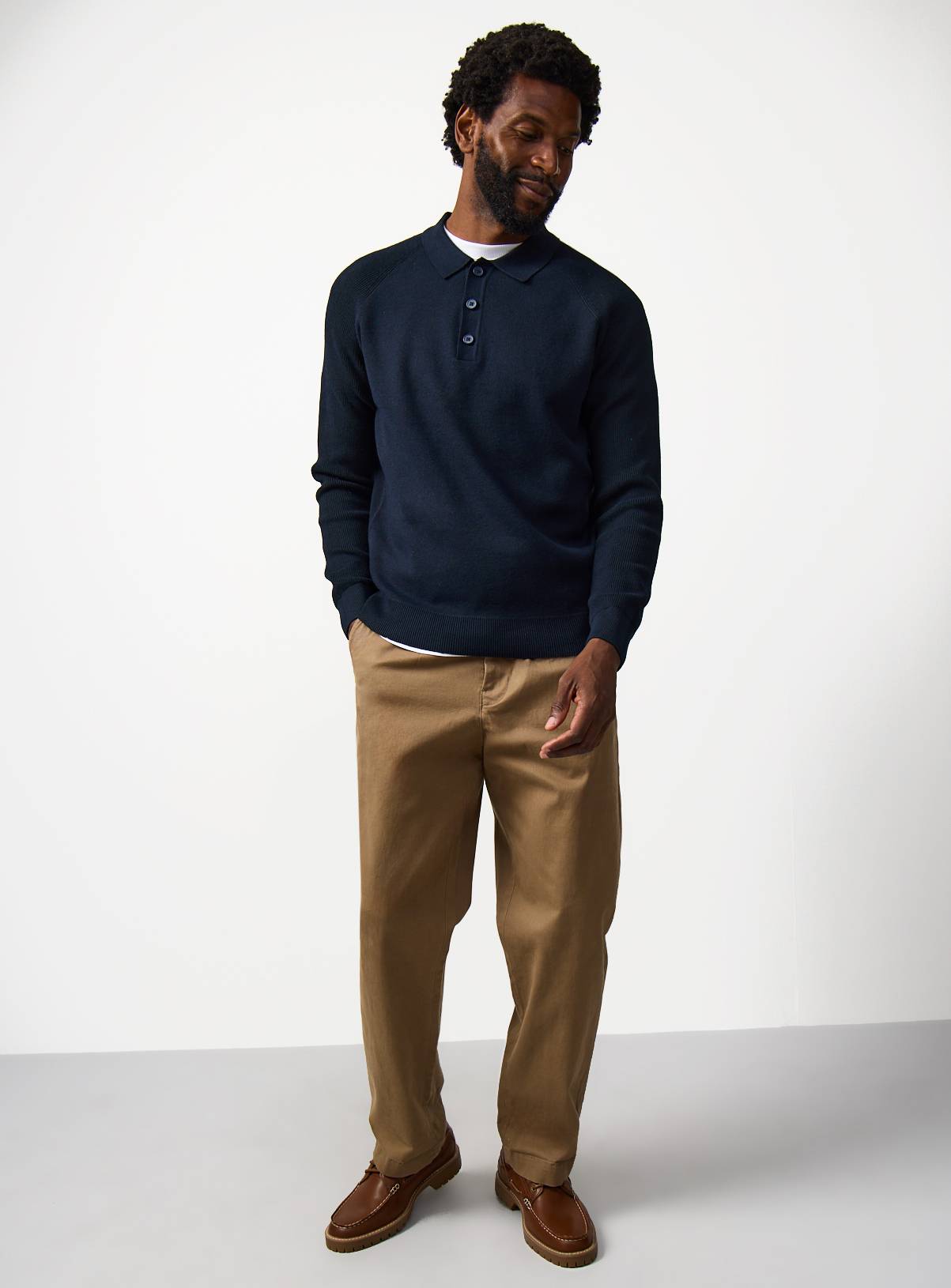 Navy Ribbed Long Sleeve Knitted Polo S - Image 2