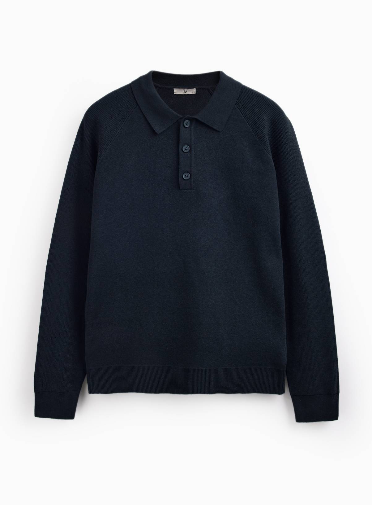 Navy Ribbed Long Sleeve Knitted Polo S - Image 3