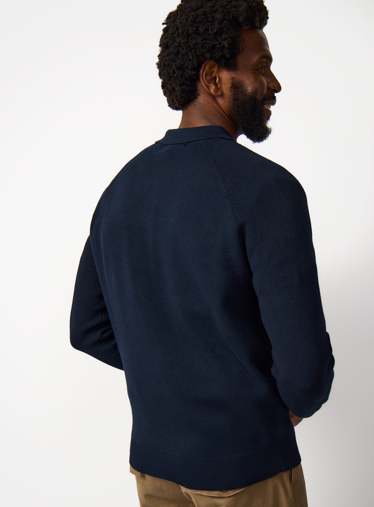 Navy Ribbed Long Sleeve Knitted Polo S - Image 5 thumbnail