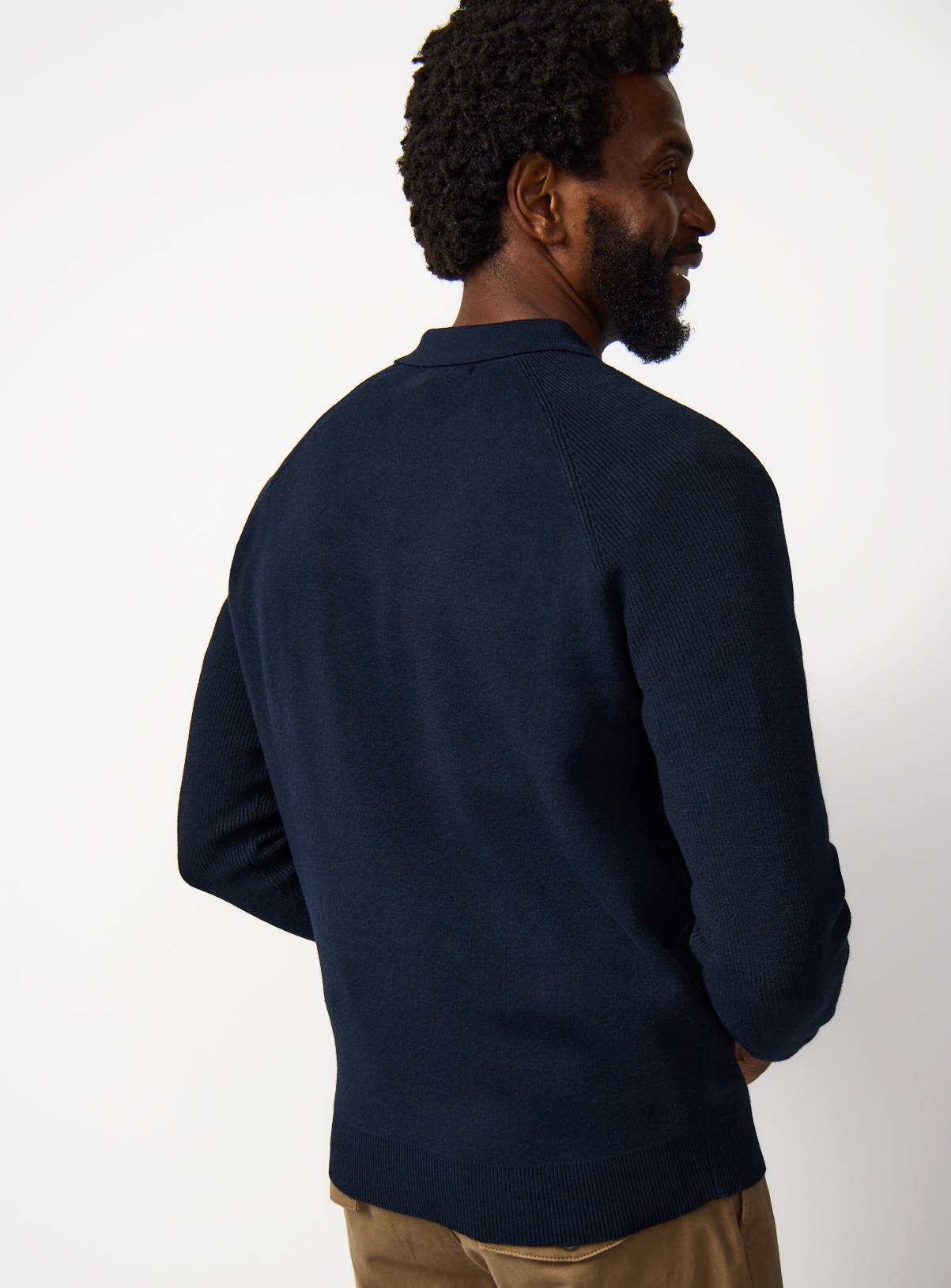 Navy Ribbed Long Sleeve Knitted Polo S - Image 5