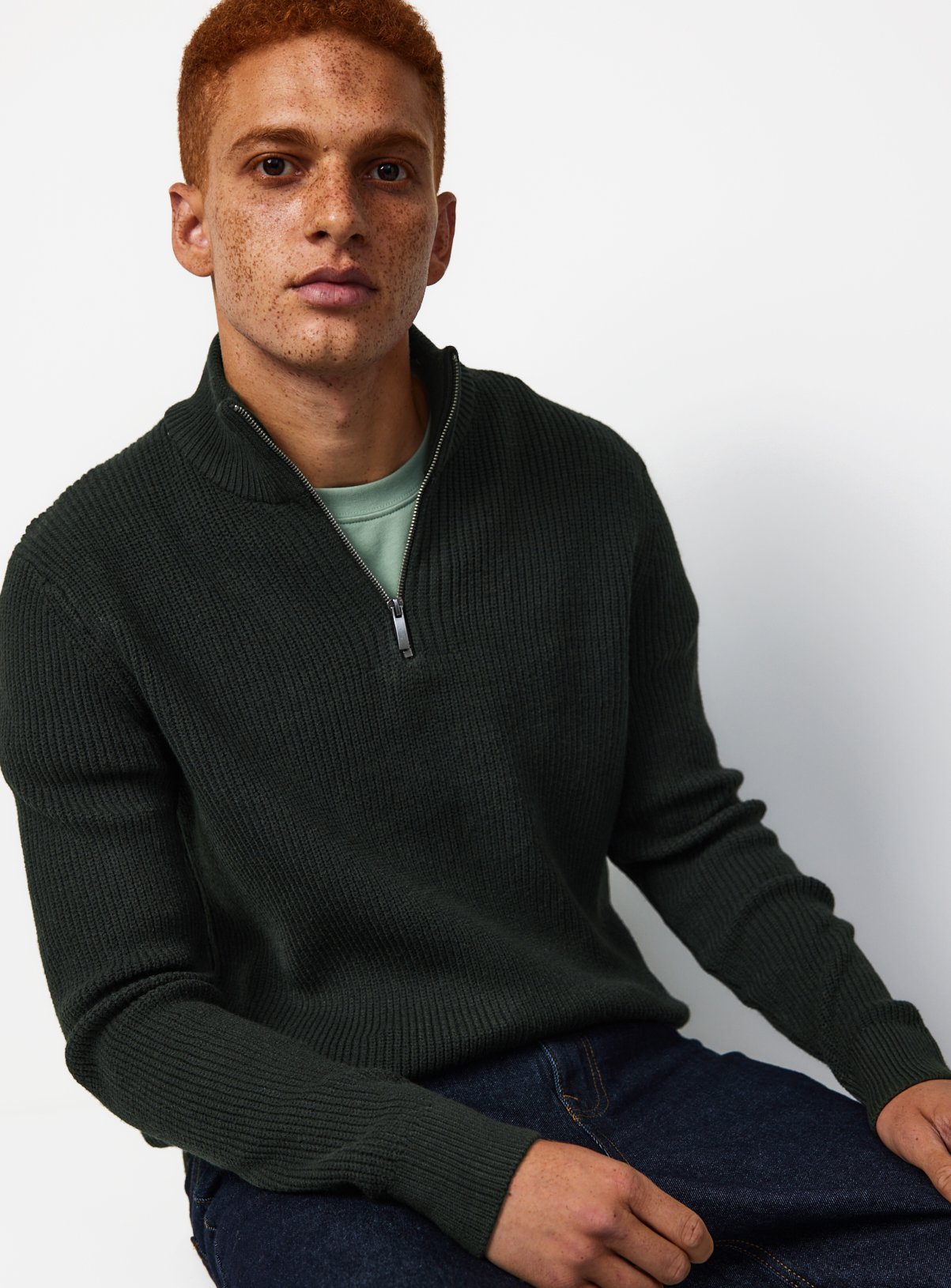 Khaki Ribbed Half Zip Funnel Neck Jumper XXXL - Image 1 thumbnail
