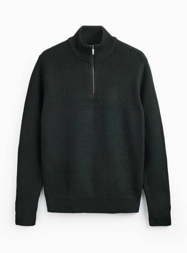Khaki Ribbed Half Zip Funnel Neck Jumper XXL