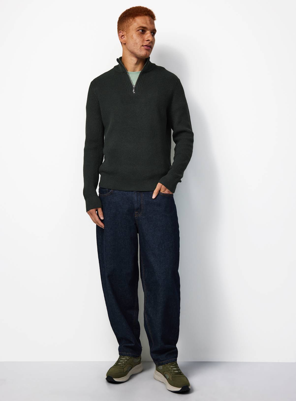 Khaki Ribbed Half Zip Funnel Neck Jumper XXXL - Image 2