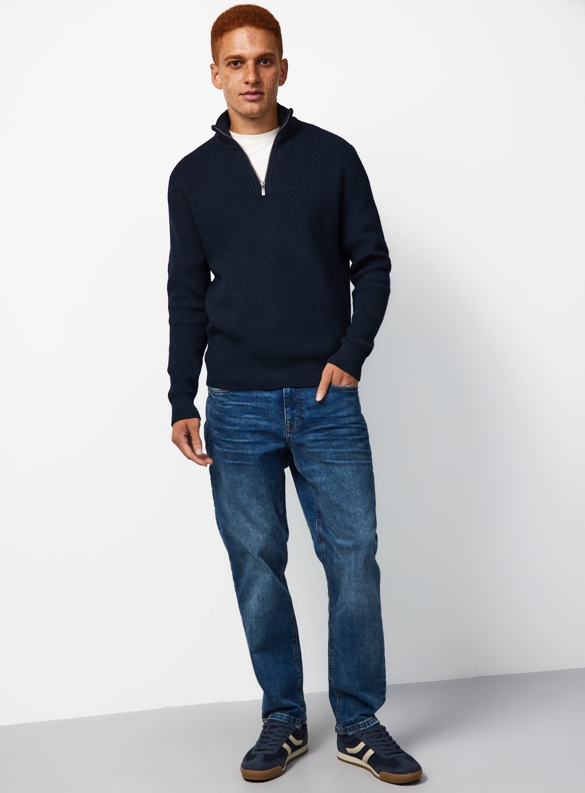 Navy Ribbed Half Zip Funnel Neck Jumper XL - Image 2 thumbnail