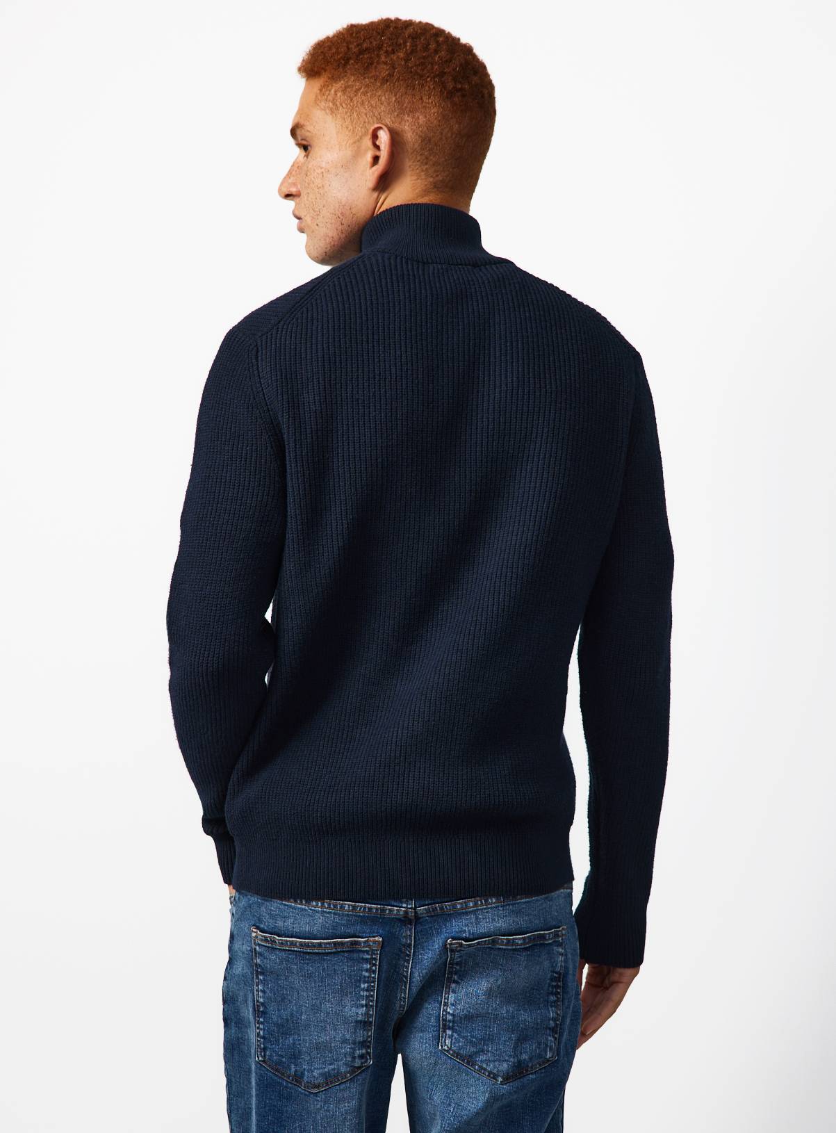 Navy Ribbed Half Zip Funnel Neck Jumper XL - Image 6