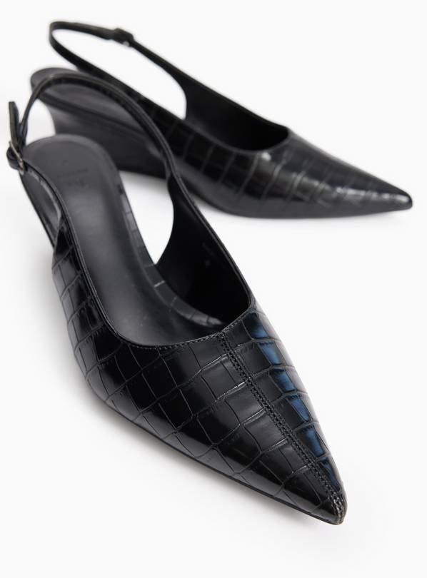 Black Wedge Faux Leather Croc Detail Slingback Shoes 6
