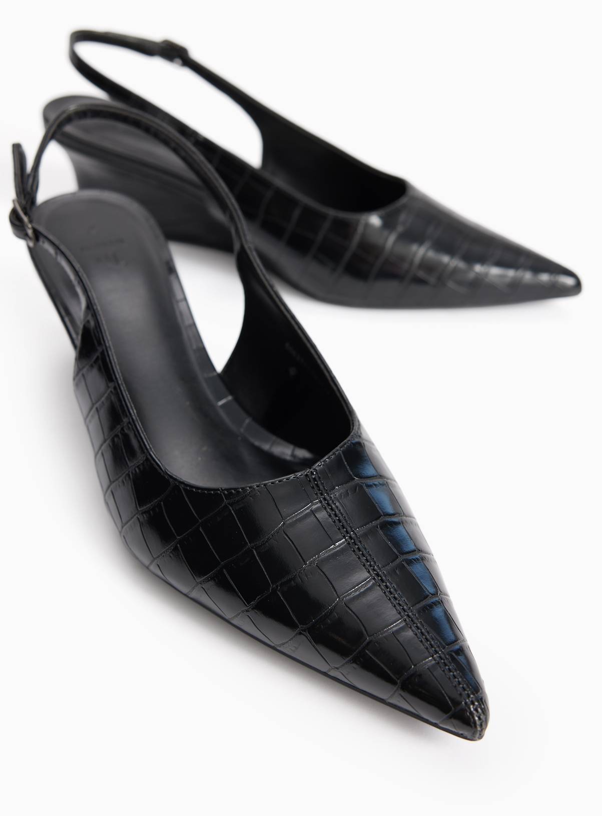 Black Wedge Faux Leather Croc Detail Slingback Shoes 6 - Image 1