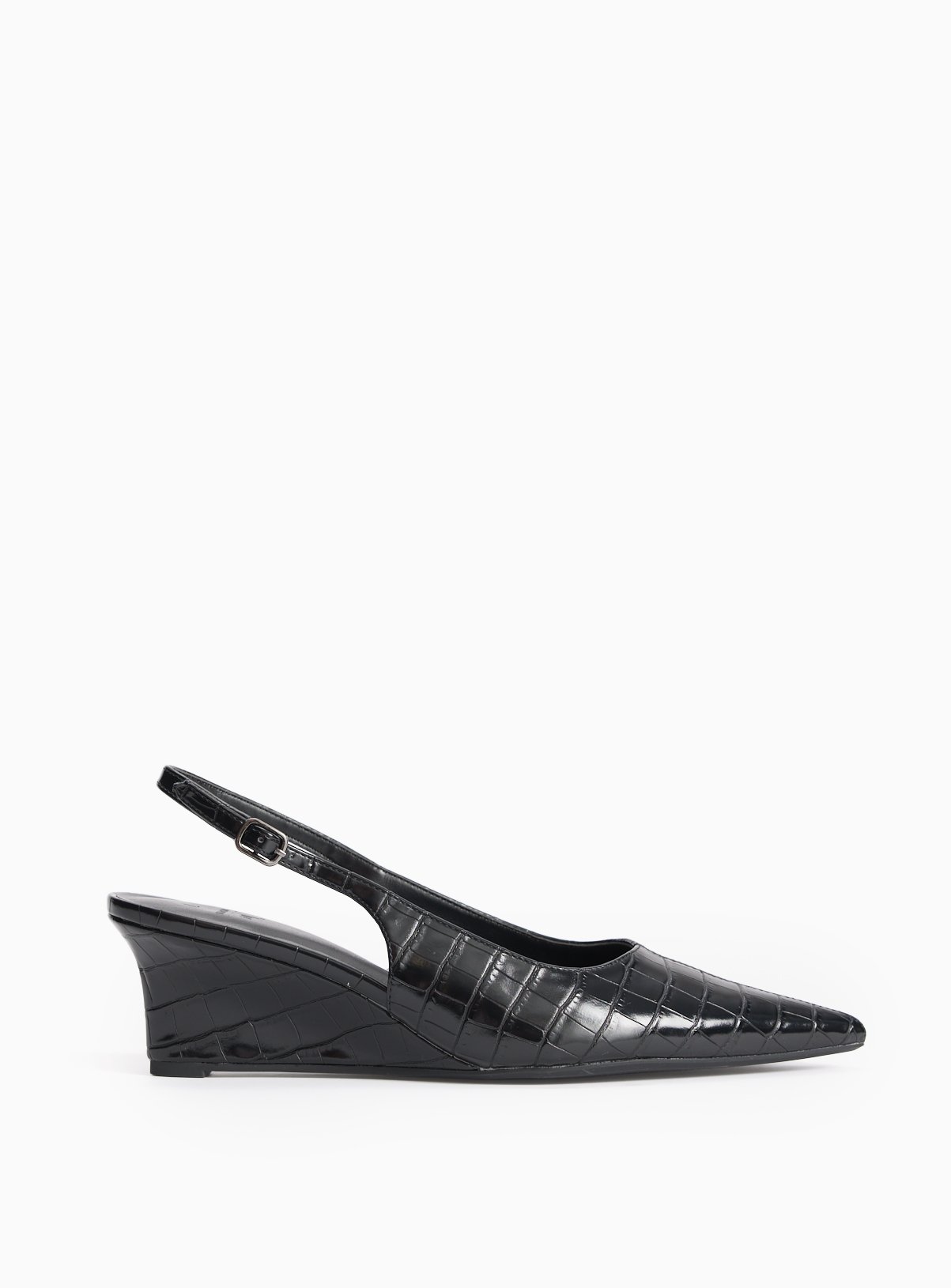 Black Wedge Faux Leather Croc Detail Slingback Shoes 6 - Image 2 thumbnail