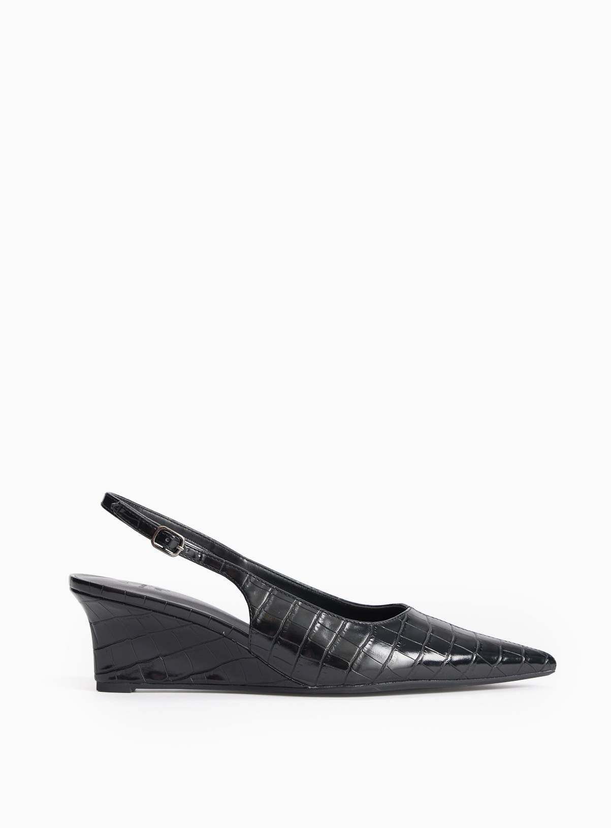 Black Wedge Faux Leather Croc Detail Slingback Shoes 6 - Image 2