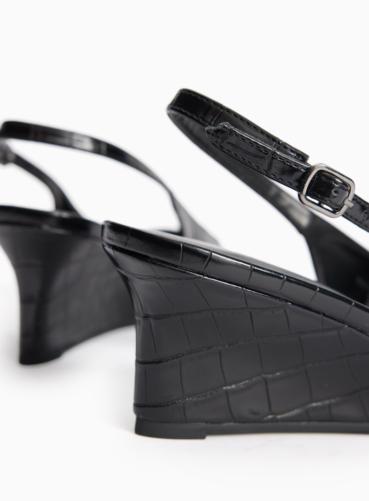 Black Wedge Faux Leather Croc Detail Slingback Shoes 6 - Image 4 thumbnail