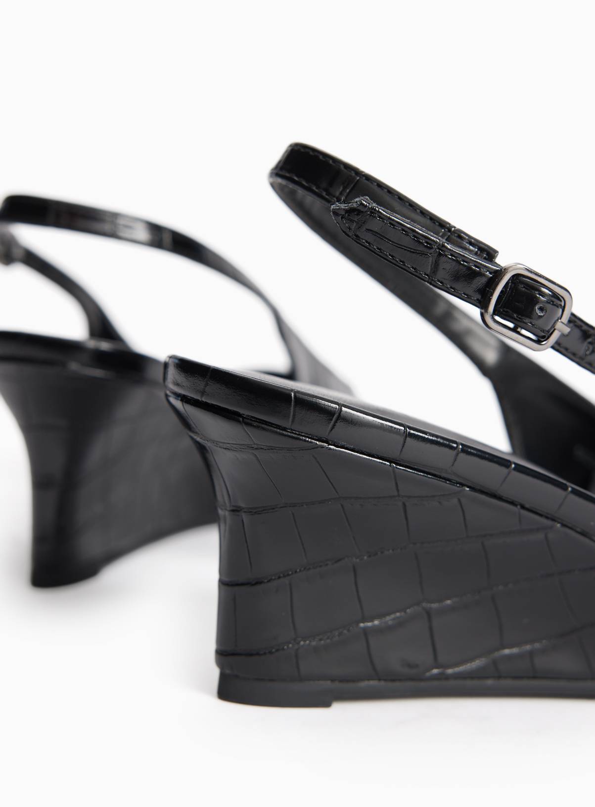 Black Wedge Faux Leather Croc Detail Slingback Shoes 6 - Image 4