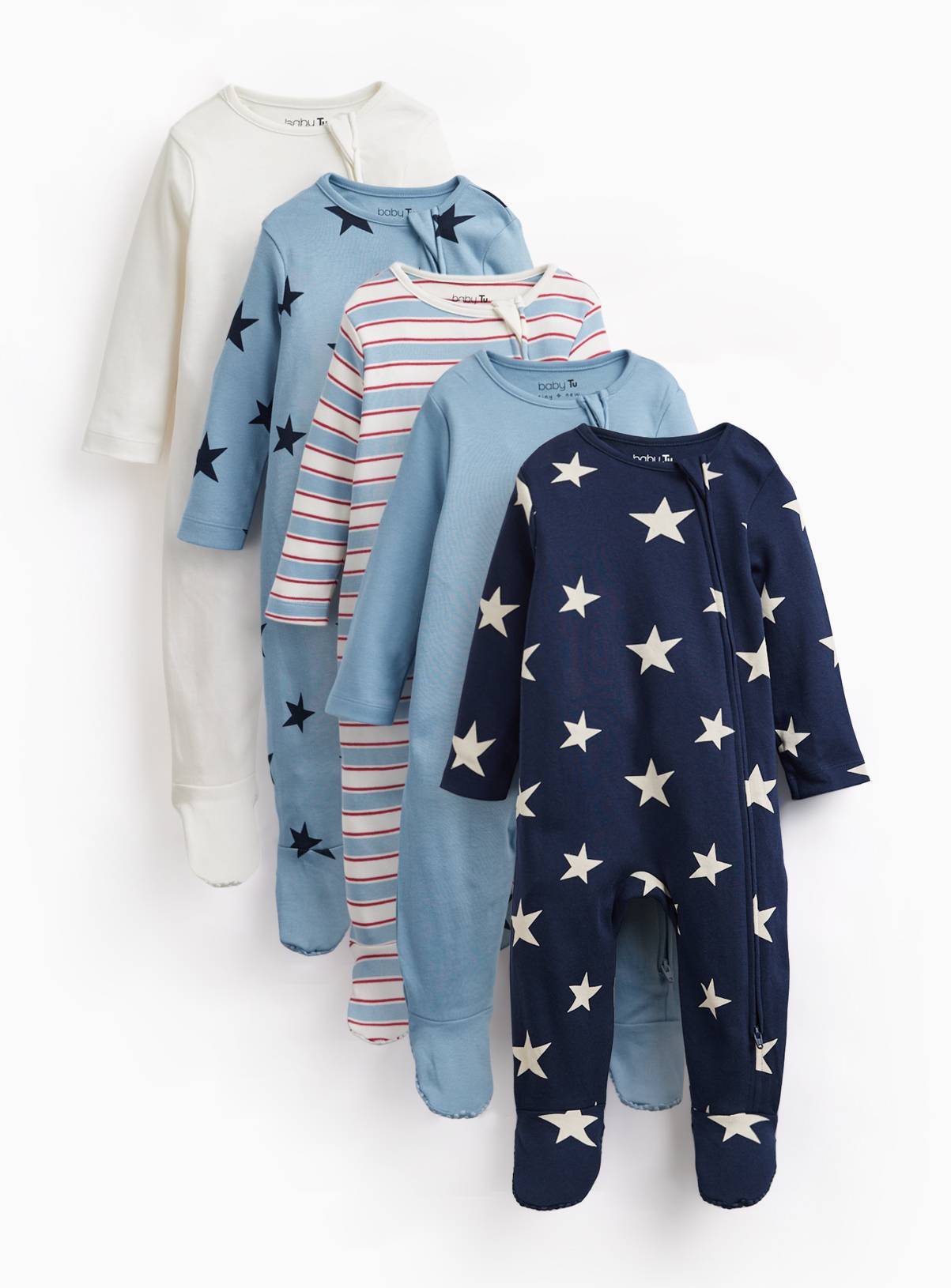 Navy Star Zip Sleepsuits 5 Pack 18-24 months - Image 1