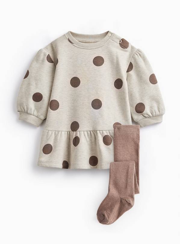 Cream Polka Dot Print Sweatshirt Dress & Tights Set Up to 3 mths