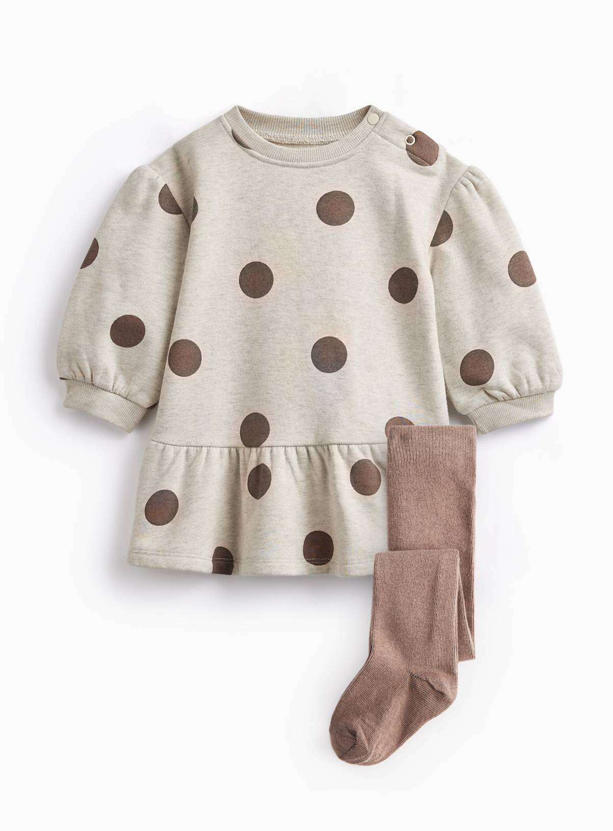 Cream Polka Dot Print Sweatshirt Dress & Tights Set 18-24 months - Image 1