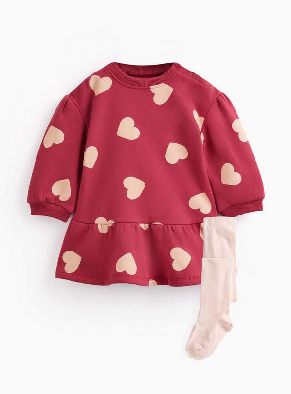Red  & Pink Heart Print Sweatshirt Dress & Tights Set 2-3 years