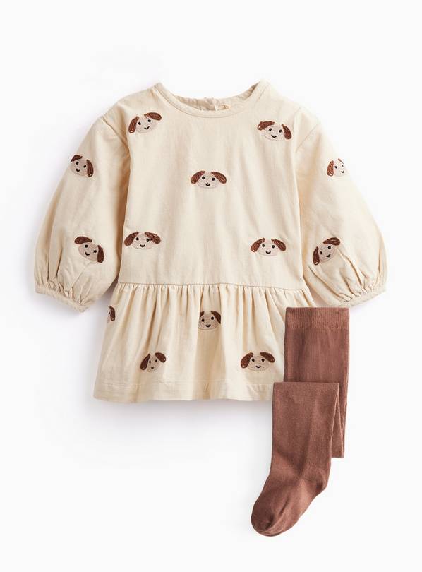 Cream Dog Print Dress Long Sleeved  6-9 months