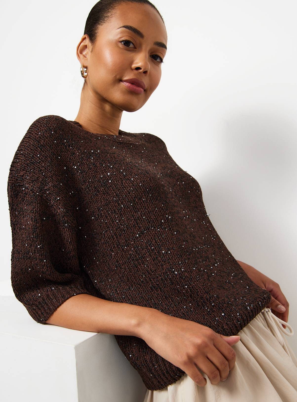 Brown Sequin Detail Knitted T-Shirt M - Image 1