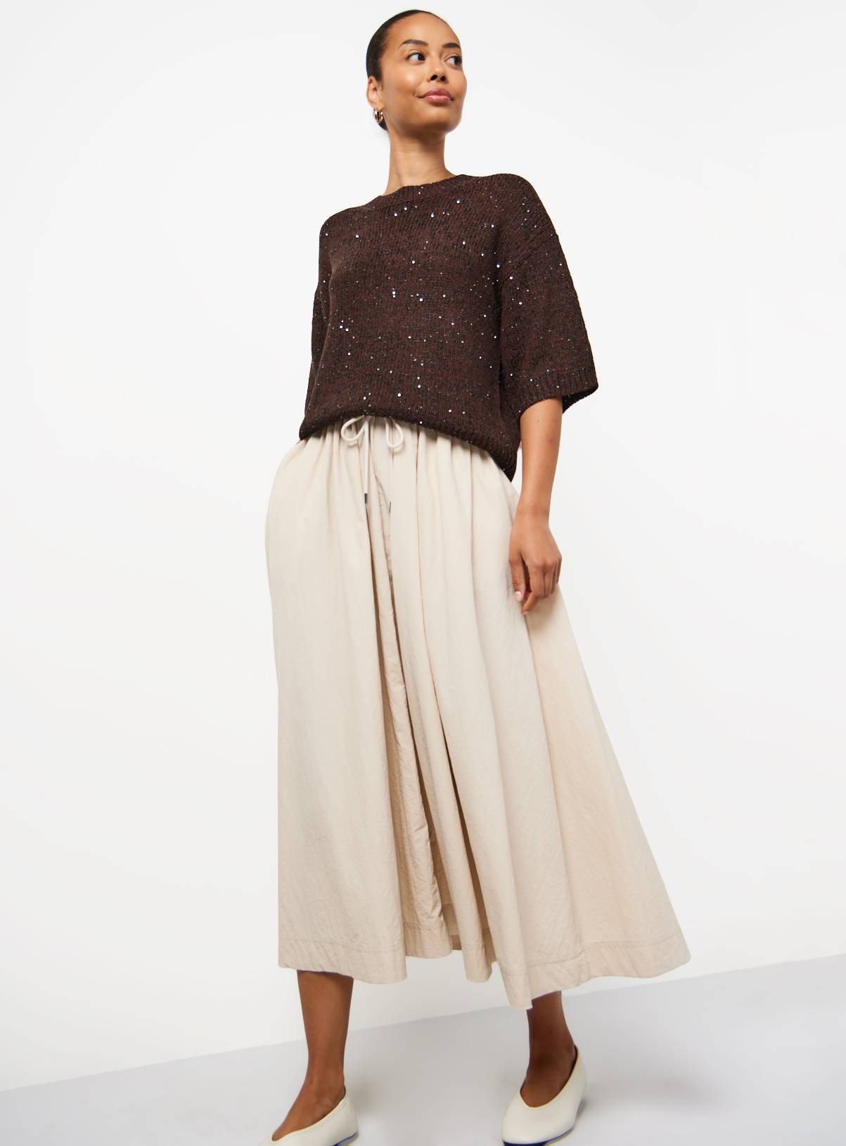 Brown Sequin Detail Knitted T-Shirt M - Image 2
