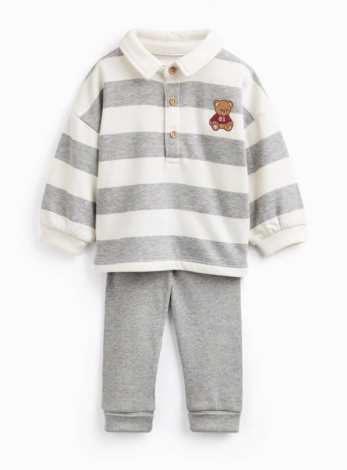 Grey & White Stripe Polo Sweatshirt & Legging Set Up to 3 mths - Image 1