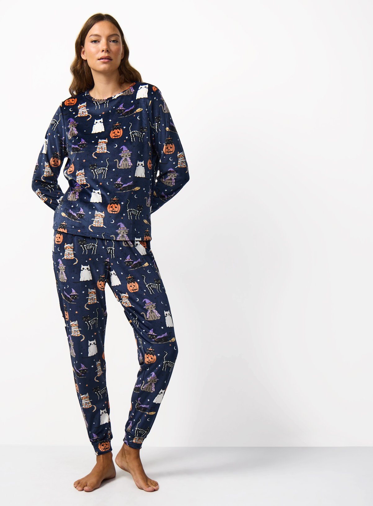 Navy Halloween Cat Print Pyjamas M - Image 2 thumbnail