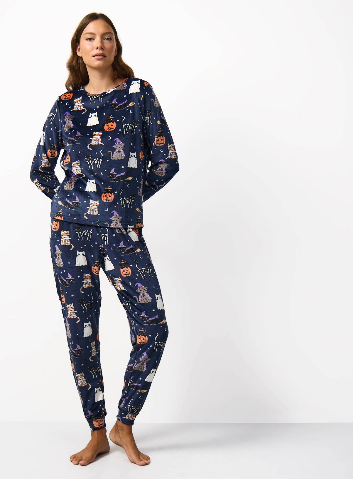 Navy Halloween Cat Print Pyjamas M - Image 2