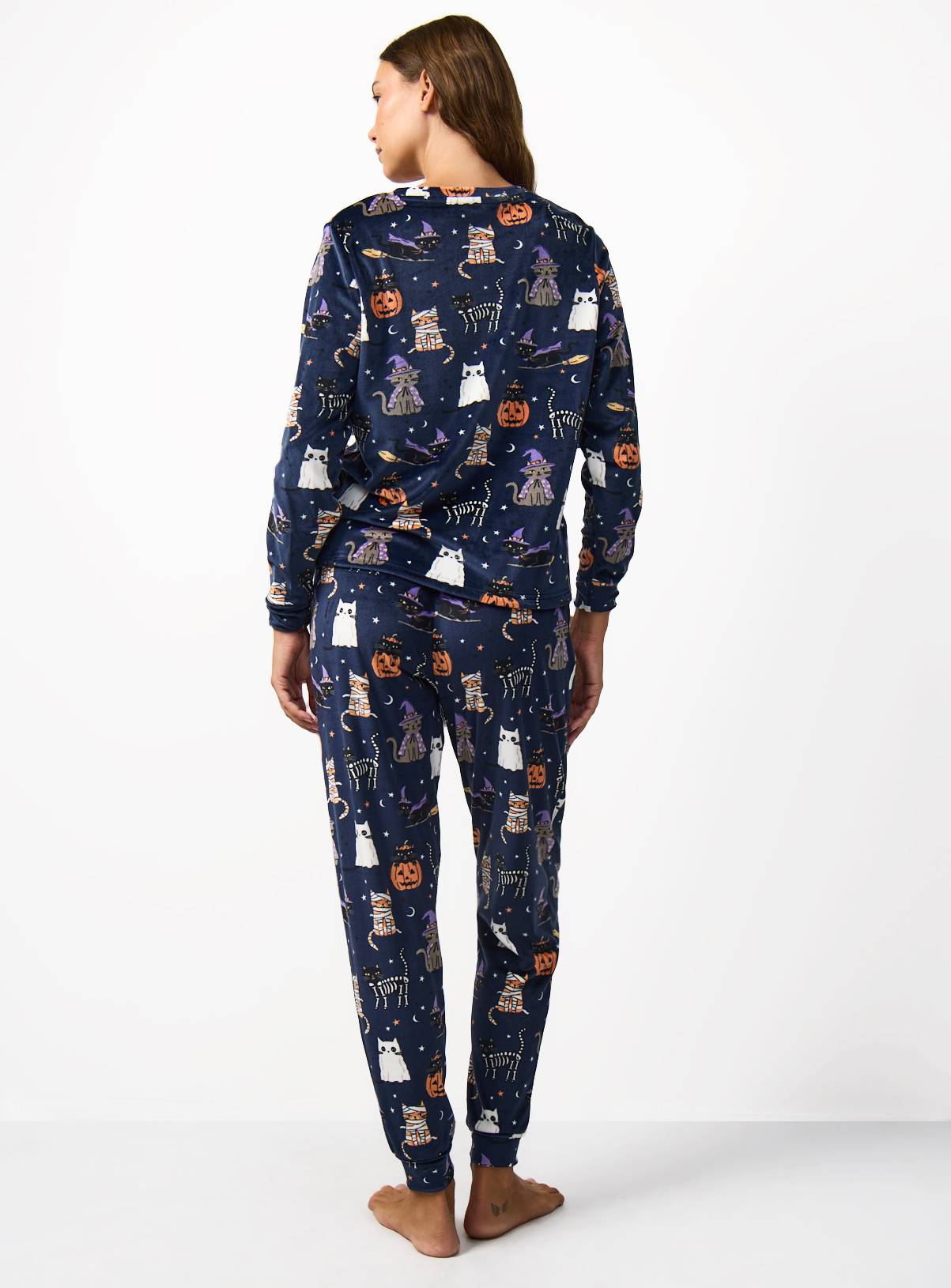 Navy Halloween Cat Print Pyjamas M - Image 4