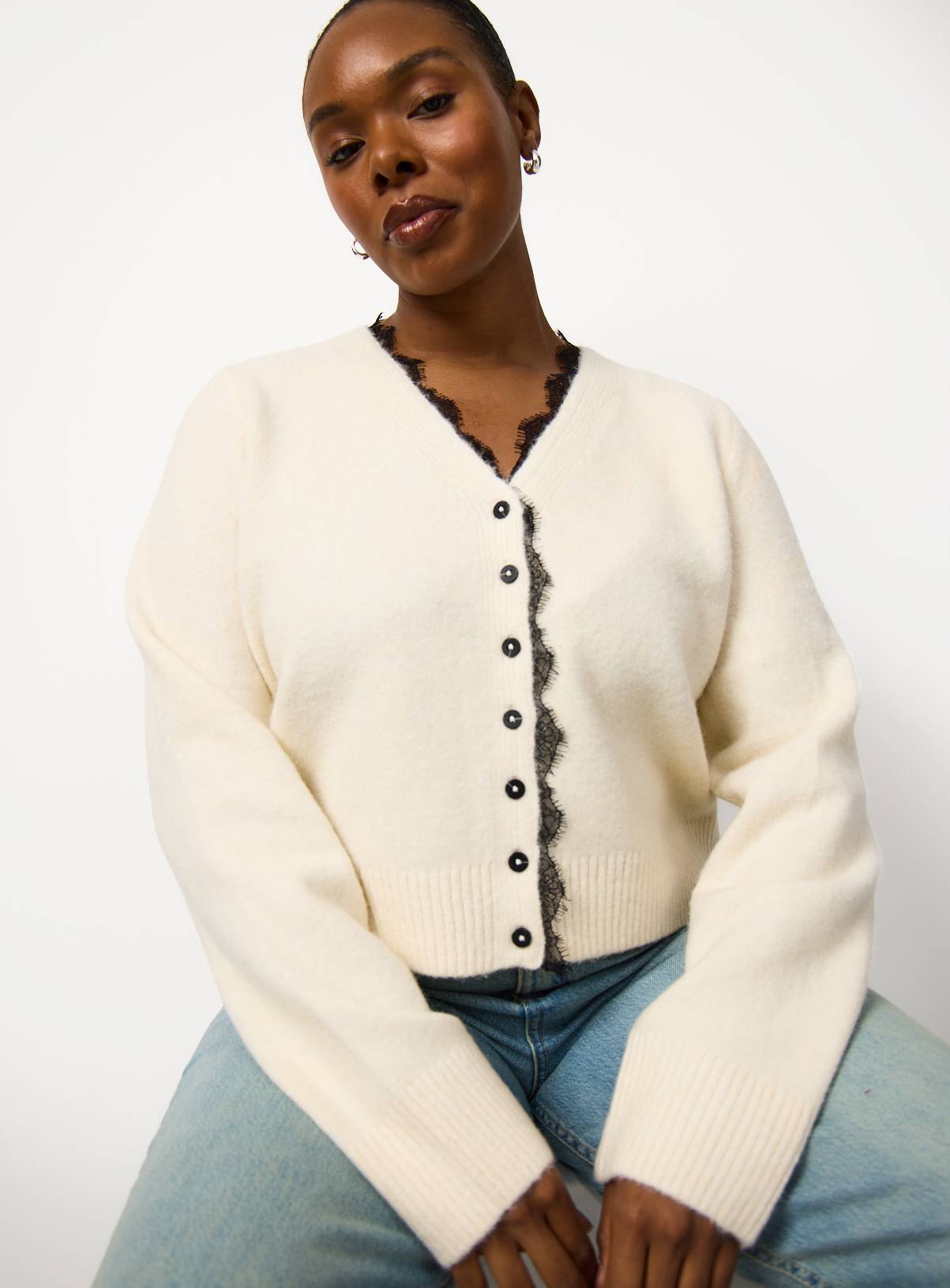 Cream Lace Trim V Neck Cardigan 12 - Image 1