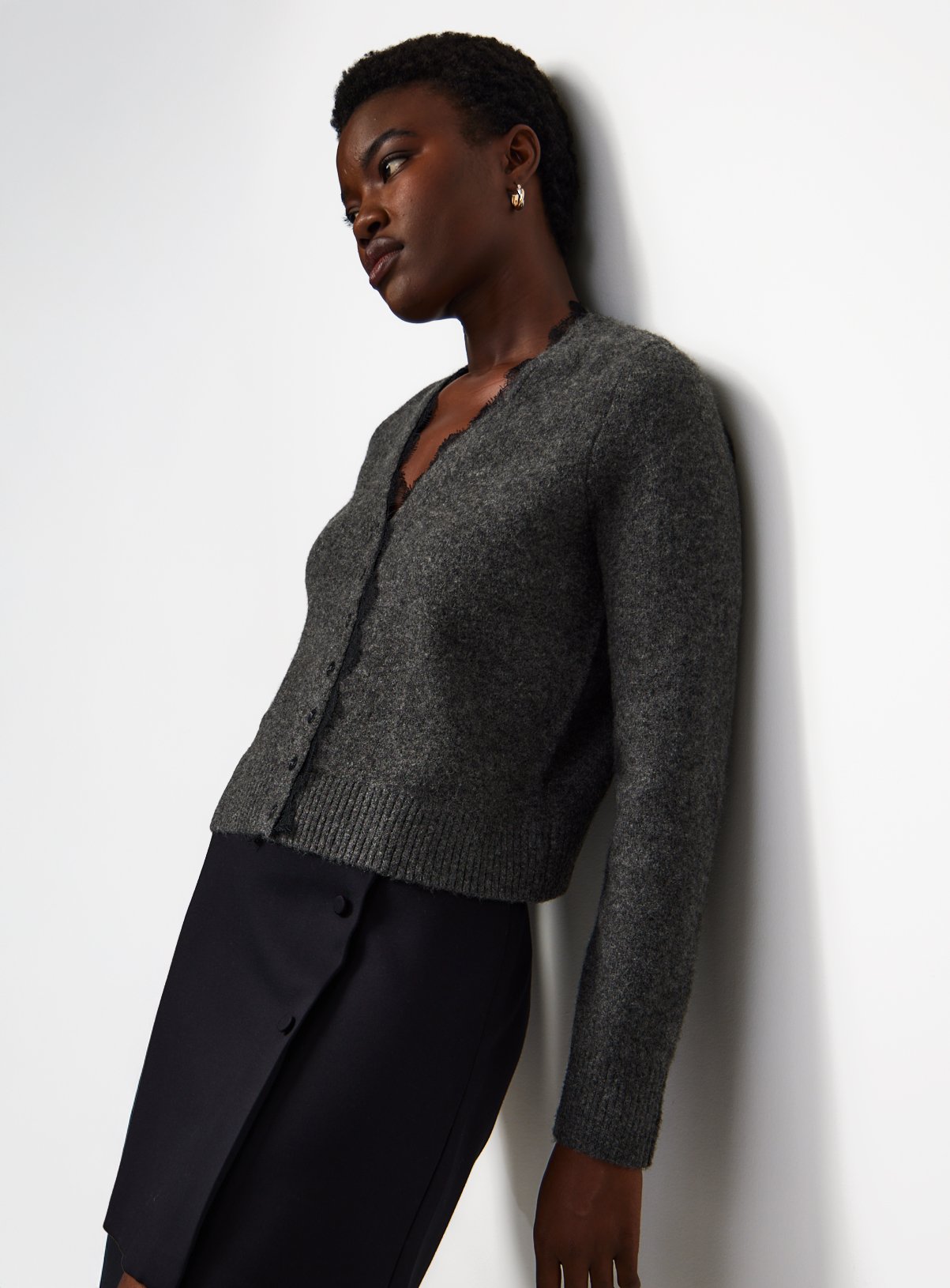 Grey Lace Trim V Neck Cardigan 16 - Image 1 thumbnail